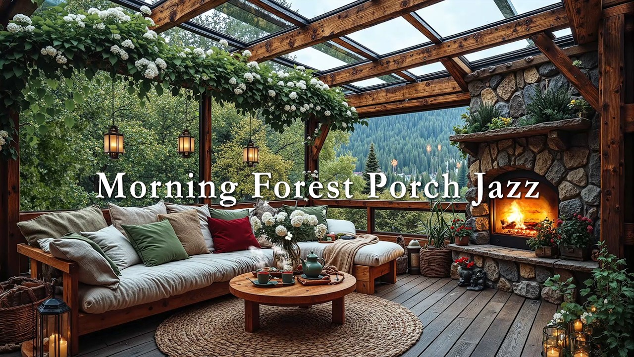 Morning Forest Porch Jazz ☀️ Fireplace Glow, Fresh Green Views & Smooth Jazz for a Calm Start