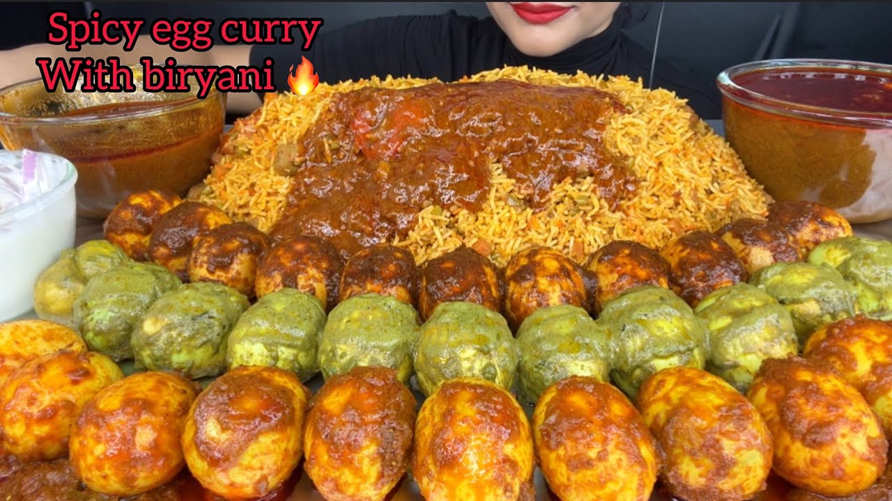 ASMR EATING 30 SPICY EGG CURRY,VEGETABLE BIRYANI,EGG KALA BHUNA,HARIYALI EGG CURRY *SPICY FOOD