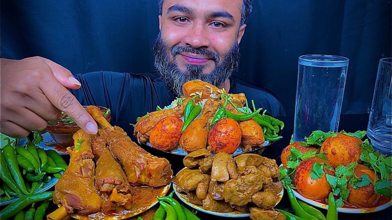 Asmr Eating Spicy Mutton Kosha Chicken Liver Curry Chicken Leg Piece & Egg Vuna Green Chili Big Bite