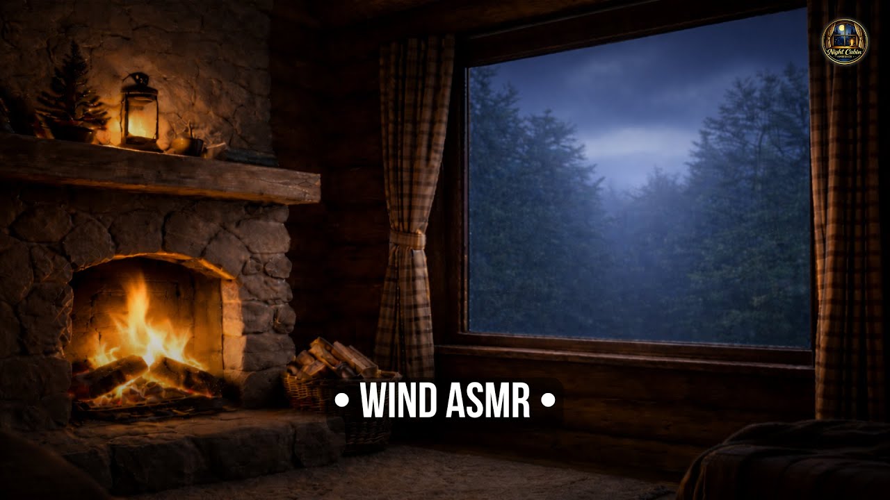 Night Cabin Ambience • Soft Wind on Window + Fireplace ASMR (10 Hours) Deep Sleep