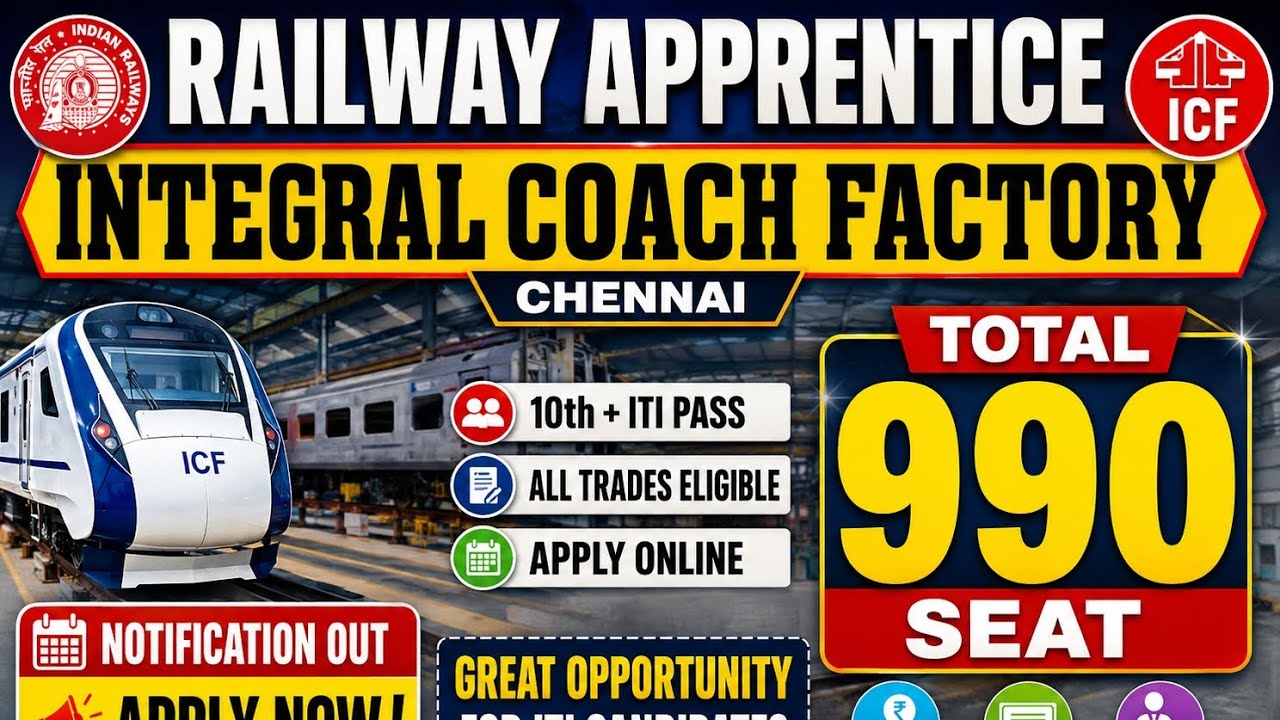 ICF Railway Apprentice 2026 🔥 990 Openings | 10th + ITI Pass | Apply Online | Integral Coach