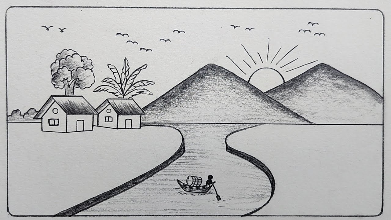 How to draw beautiful house scenery / easy scenery drawing with pencil / village scenery drawing 