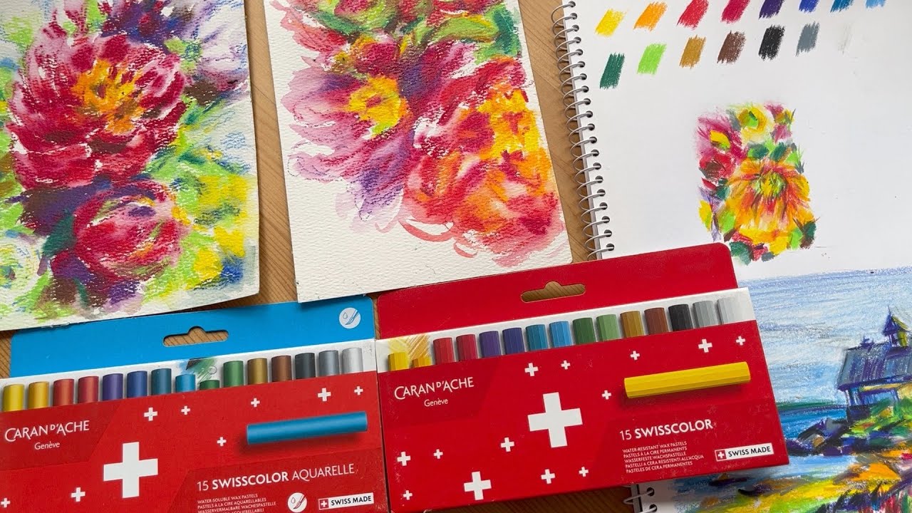 Caran D'Ache 15 Swisscolor Wax Pastels & Water-Soluble Pastels Unboxing/Swatching/Drawing