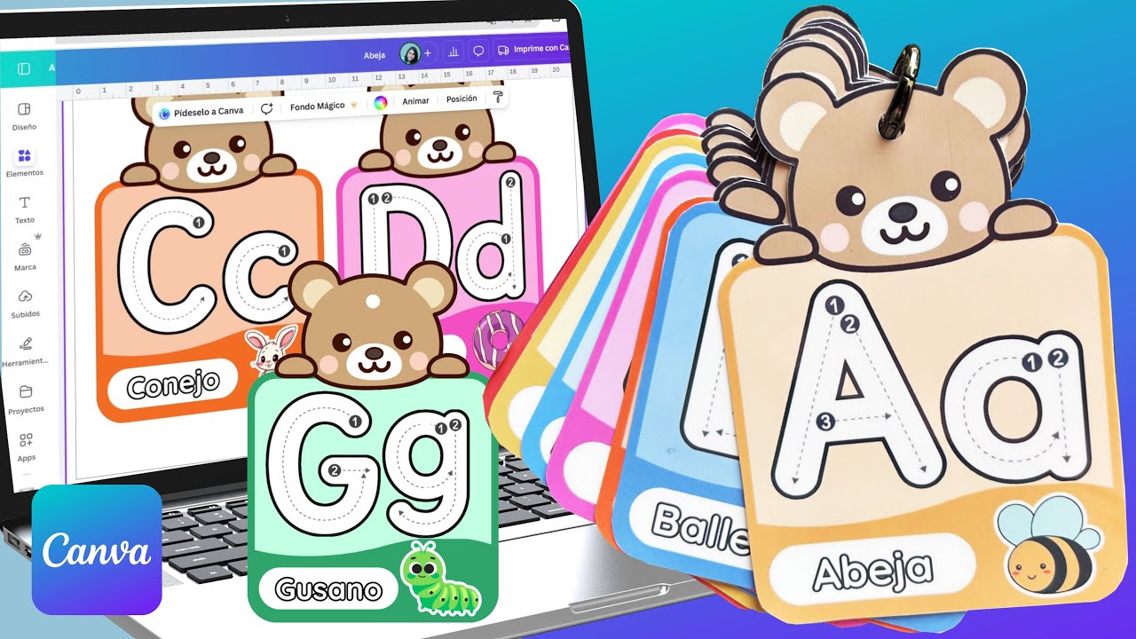 Diseña tu TARJETA FLASHCARD DEL ABECEDARIO para material ESCOLAR de aprendizaje psicomotriz en CANVA
