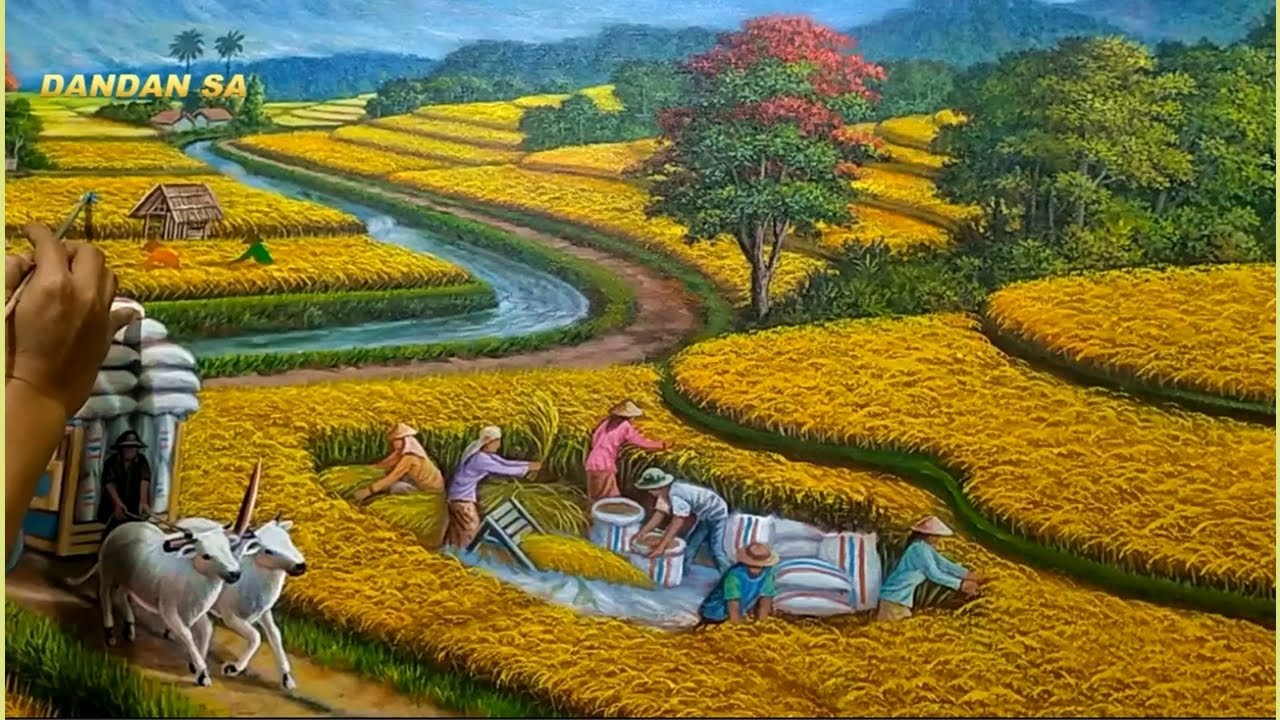 CARA MUDAH MELUKIS PEMANDANGAN  / PEMANDANGAN PEDESAAN YANG MAKMUR / PANEN PADI DI SAWAH, TTR 132