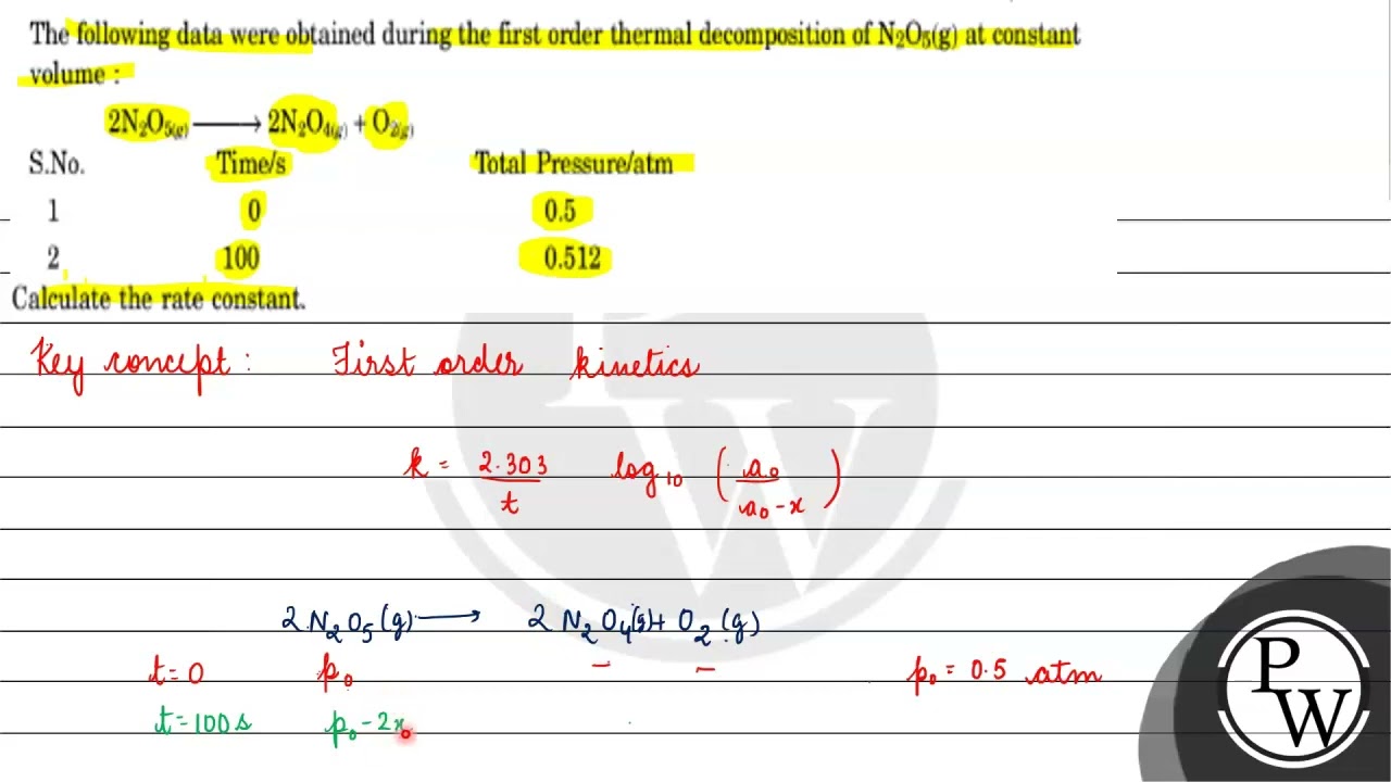 The following data were obtained during the first order thermal decomposition of \( \mathrm{N}_{...