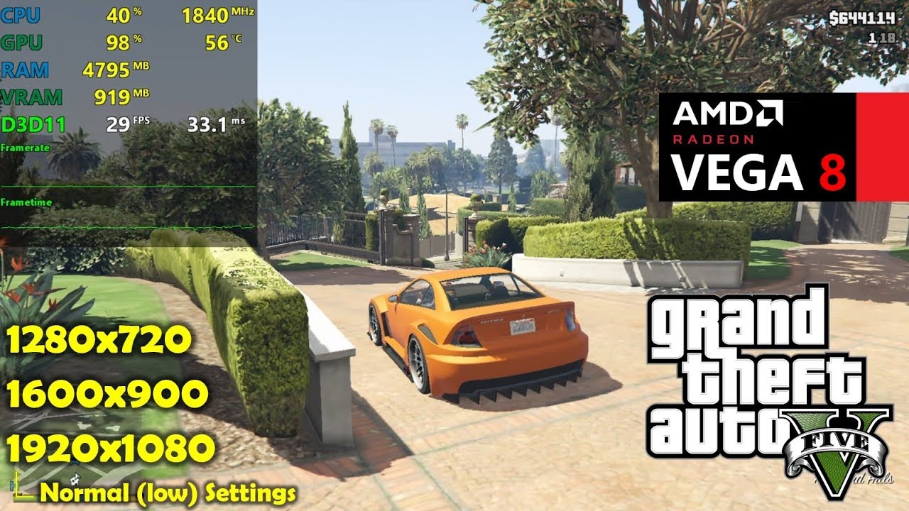 Ryzen 5 2500U + Vega 8 | GTA 5 / V- 1080p, 900p, 720p - Normal (low) settings