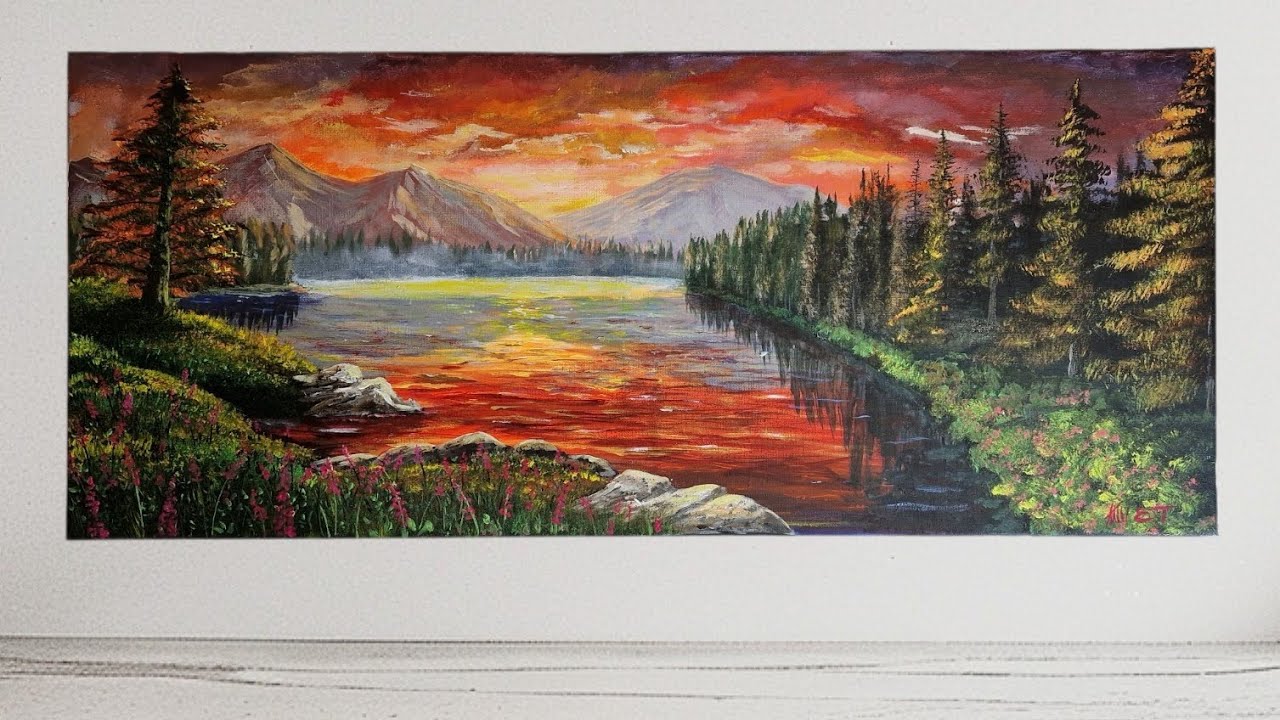 Golden Sunset Lake — Acrylic Landscape Painting 