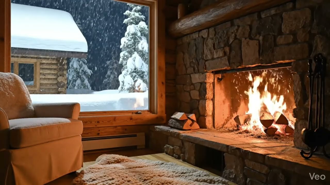 Snowy Cabin Fireplace Ambience | Cozy Relaxing Fire Sounds