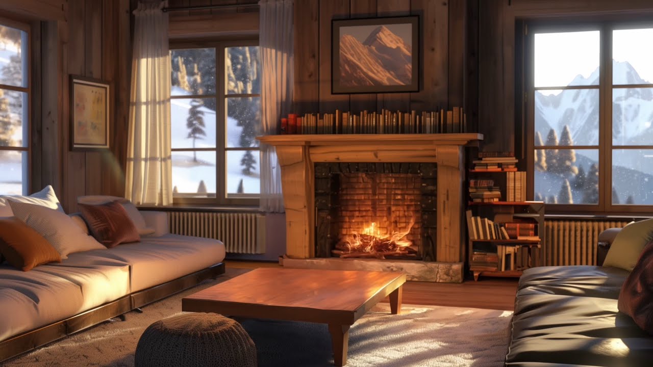 1 HOUR Cozy Living Room Fireplace Ambience with Snowy Mountain View ❄️🔥 