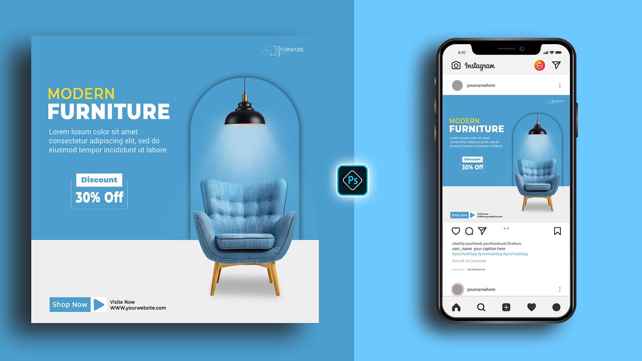 Modern Furniture Social Media Post Banner Design in Adobe Photoshop Tutorial