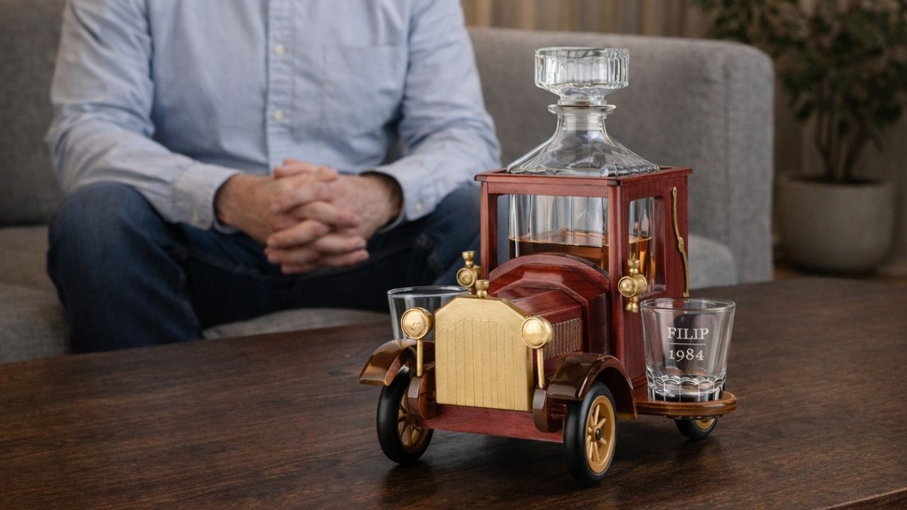 Whisky Karaffe mit 2 gravierbaren Gläsern im Holzwagen für einen Gentleman