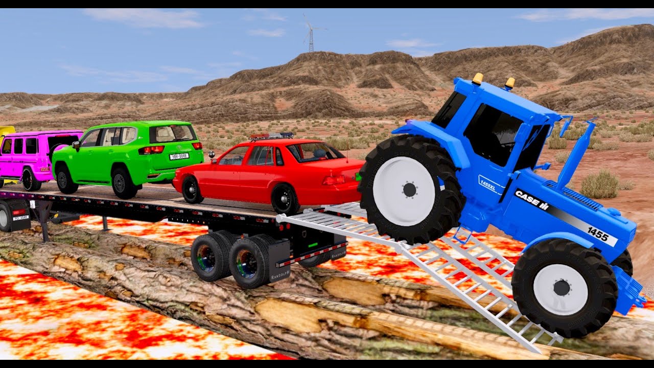 TRANSPORTING PIXAR CARS & FRUITS WITH COLORED & JOHN DEERE vs CLAAS vs TRACTORS - BeamNG.drive 