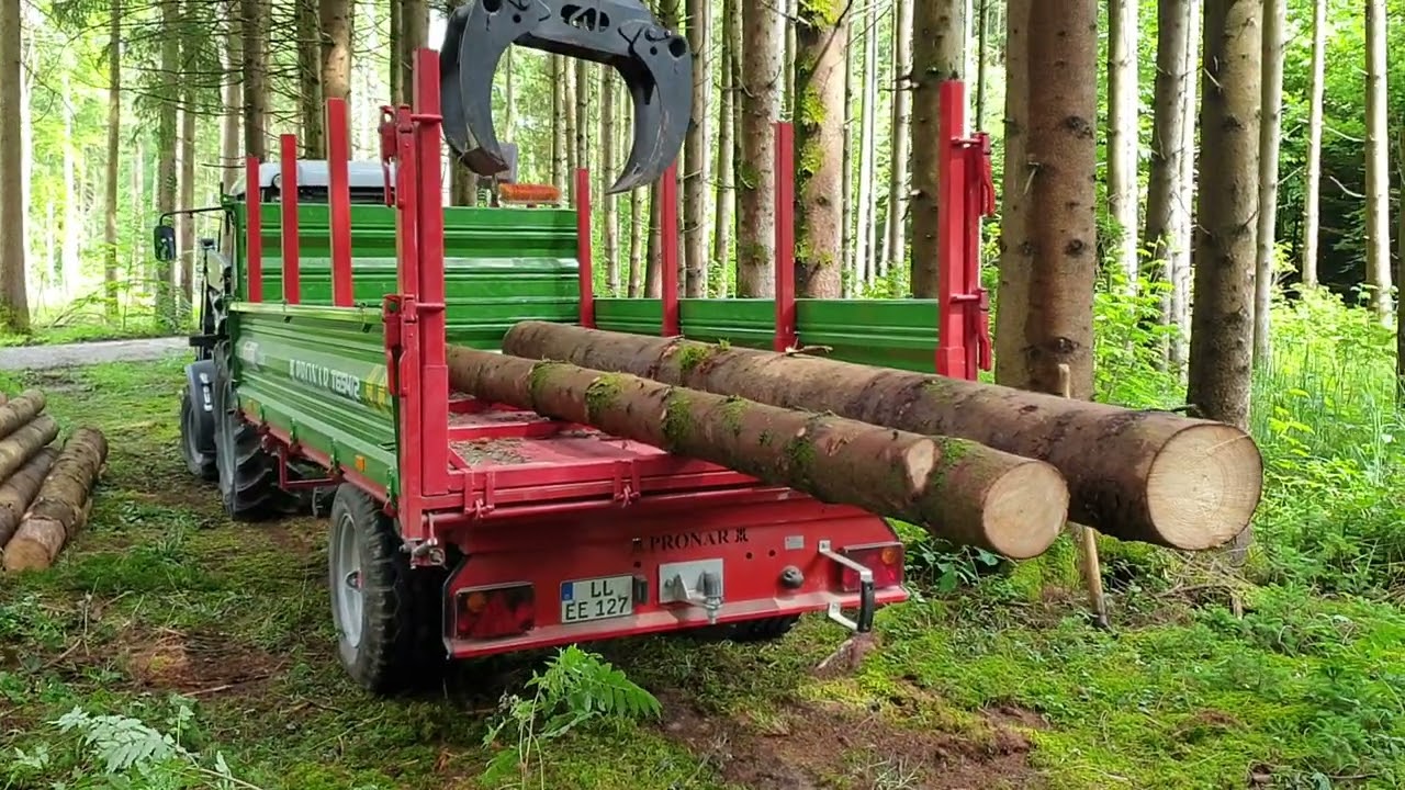 Holz laden mit Scheifele Forstkran auf Pronar Kipper.