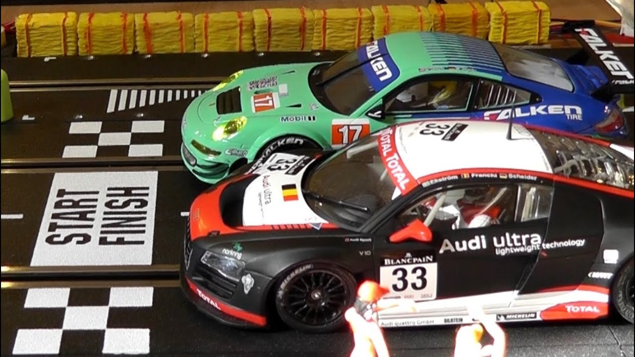Audi R8 vs Porsche GT3 - One Battle - 25 Runden - Carrera Bahn Digital Slot 1:24