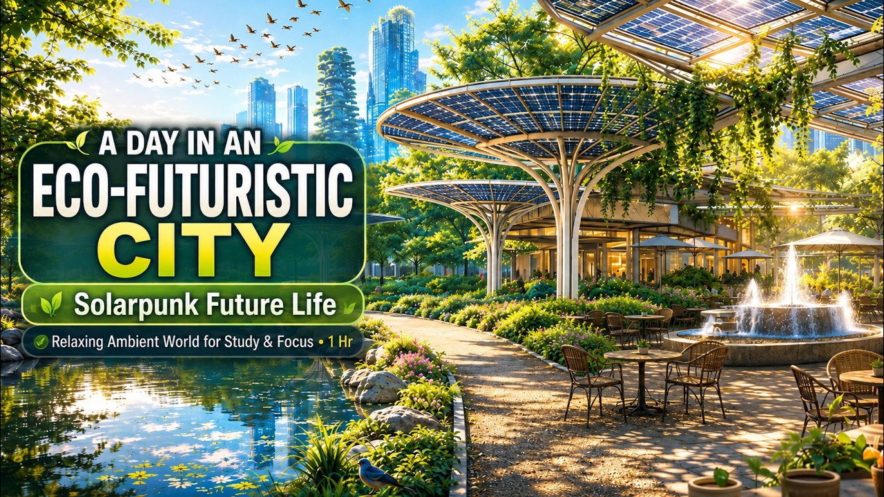 A Day in a Solarpunk City Eco-Futuristic Life | Relaxing Study Ambience & Peaceful City Tour 1 Hr