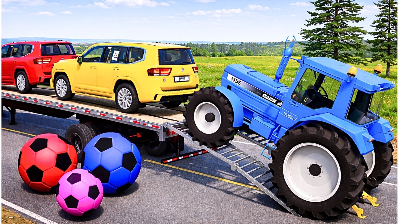 Flatbed Trailer Transportation with Truck | Cars vs Speedbumps vs Train | BeamNG.Drive #02