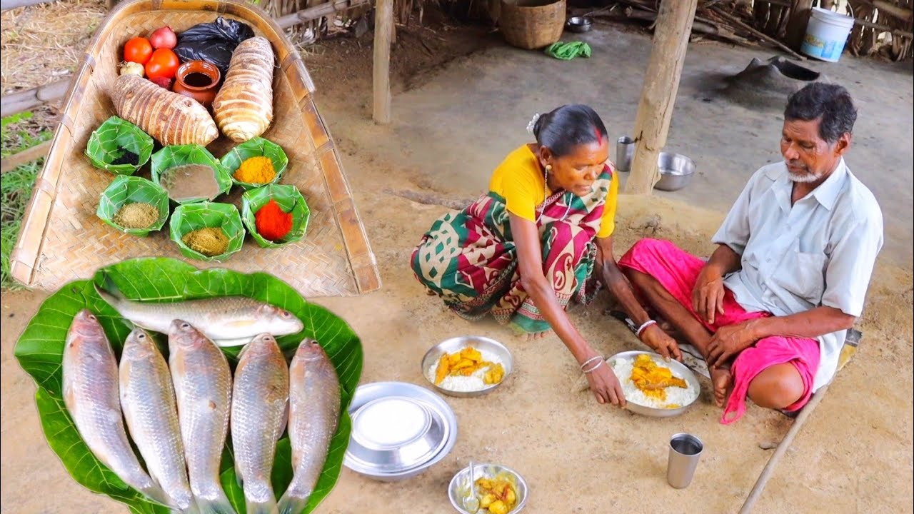 TARO ROOT and FISH CURRY recipe prepared for lunch by santali tribe grand ma