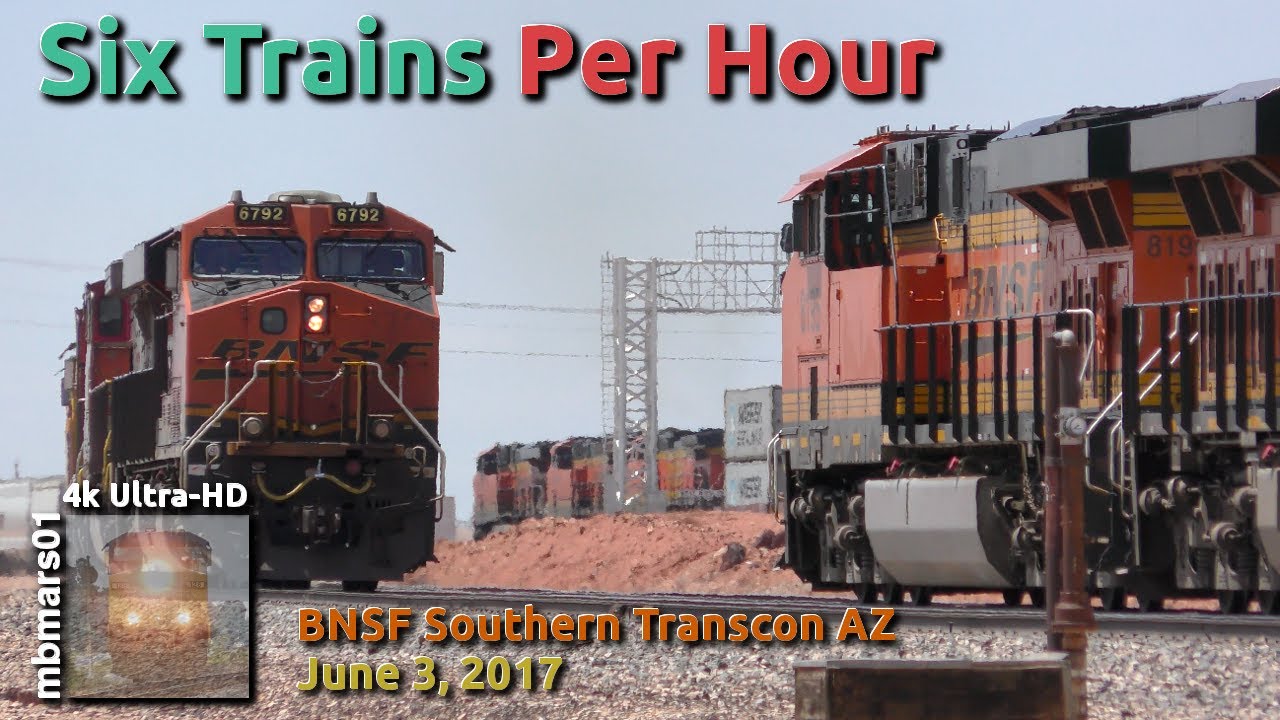 [58][4k] Six Trains Per Hour, BNSF Southern Transcon, Winslow, AZ, 06/03/2017 ©mbmars01
