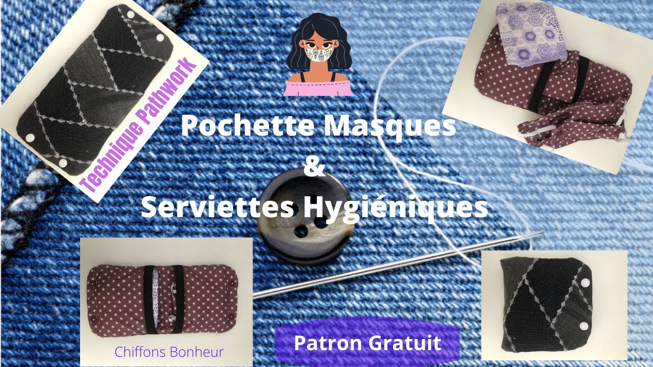 pochette masques & porte serviette hygiénique double poche avec technique patchwork en jean récup
