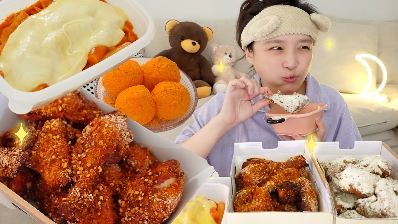 🌝✨야밤에 치킨파티 최고… 치킨 먹방 [달밤의나도] 오븐마루 타이페퍼치킨,스윗버터 딥치킨,떡볶이,치즈볼 + 두바이초코💚 REALSOUND MUKBANG :D