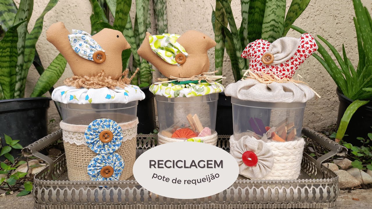 Reciclagem: Pote de requeijão decorado com passarinho.