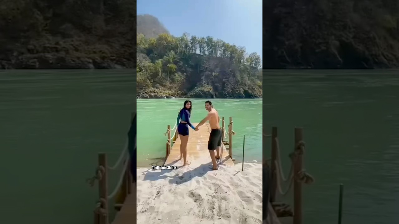 Pooja Hegde and Varun Dhawan swimming in Rishikesh shooting for 