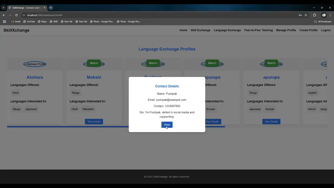 demo of the website skill exchange platform