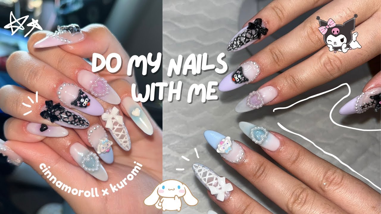 do my nails with me ⋆.ೃ࿔*:･ kuromi x cinnamoroll nails + balletcore 🩰🤍 nail asmr