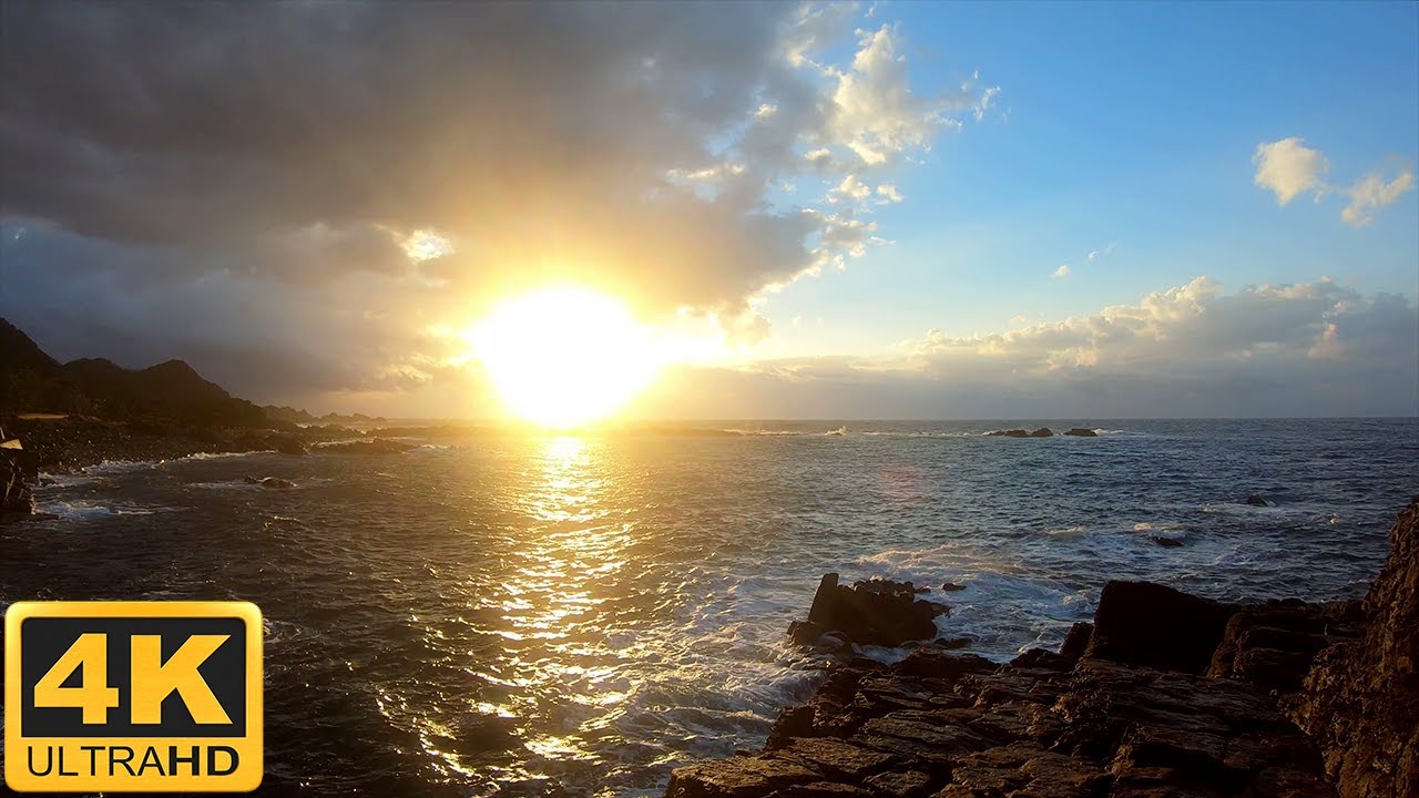 One hour relaxing beautiful evening sunset ocean waves Japan 4K 日没 ASMR