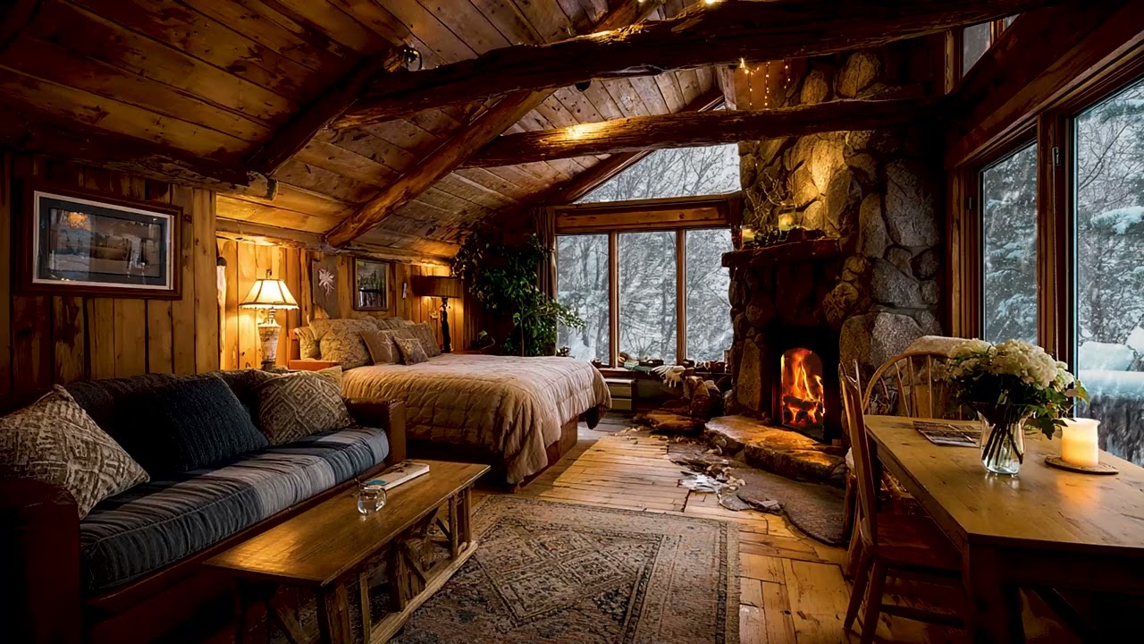 Cozy Cabin Winter Ambience | Fire Crackles & Blizzard Winds for Deep Sleep and Relaxation