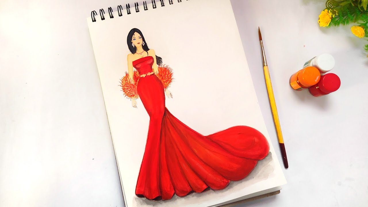 How to draw beautiful red dress || Fashion illustration