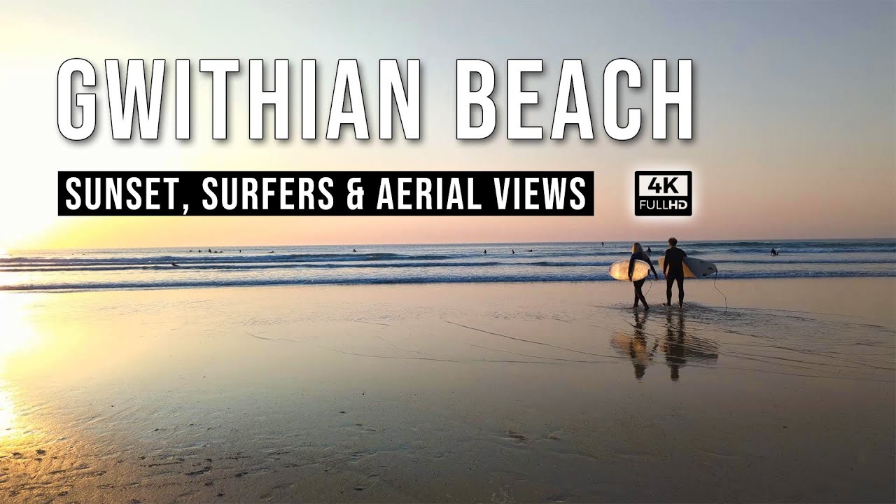 Gwithian Beach - Cornwall - Surfers, Sunset and Amazing Rock Formations - 4K Video