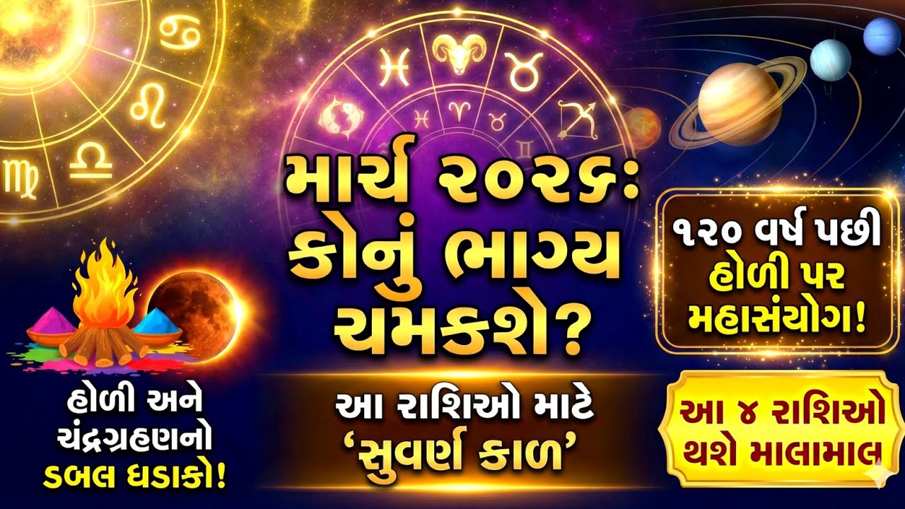 માર્ચ ૨૦૨૬: ૧૨૦ વર્ષ પછી હોળી પર મહાસંયોગ! આ ૪ રાશિઓ થશે માલામાલ | March 2026 Horoscope