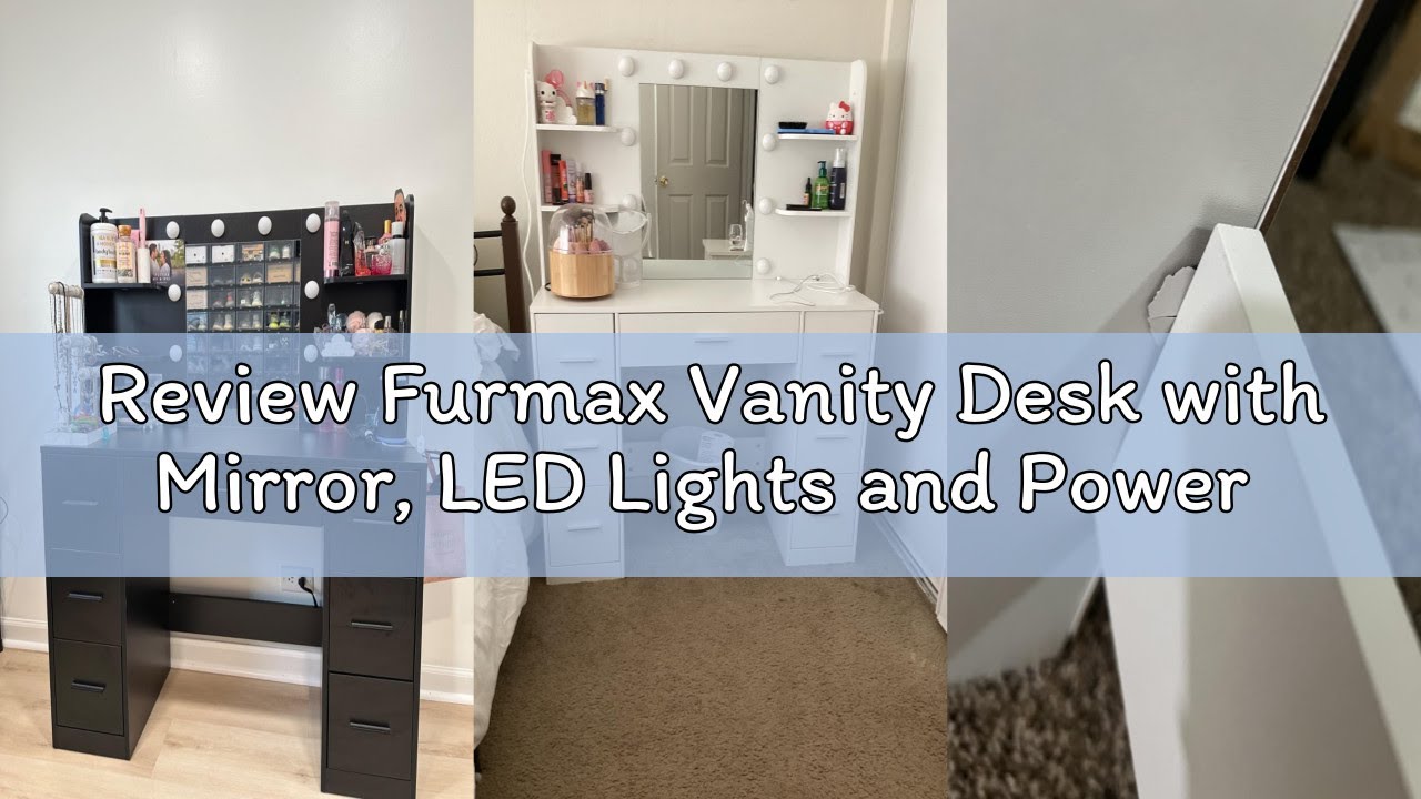 Review Furmax Vanity Desk with Mirror, LED Lights and Power Outlet Makeup Vanity Table with 7 Drawer