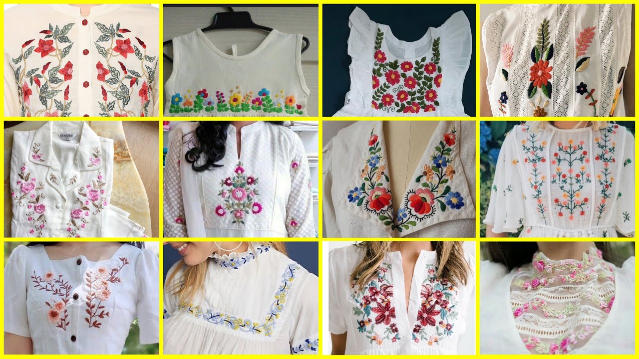 Latest white embroidery dresses/frocks / top 50 unique style white hand embroidered kurti designs