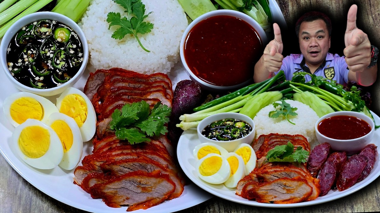 ข้าวหมูแดง น้ำราดหมูแดงอร่อย น้ำจิ้มแซ่บๆม #asmr