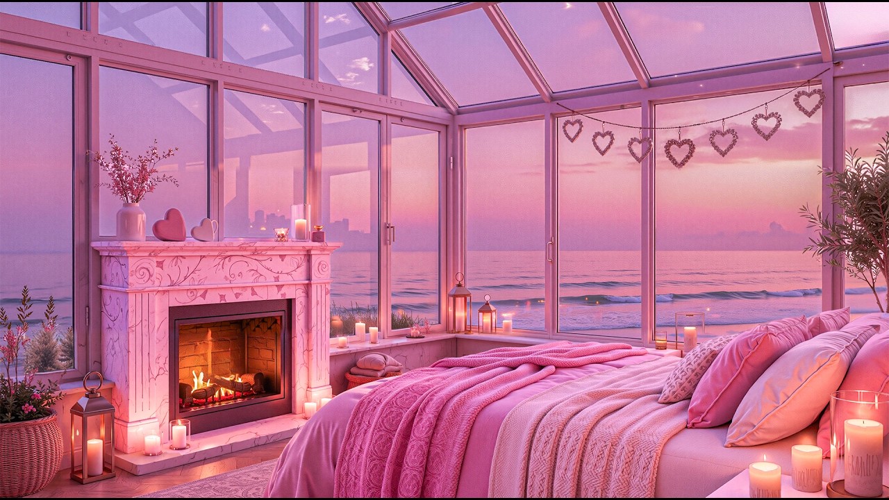 💗🌊 Dreamy Pink Valentine’s Beach Ambience 💕 Crackling Fireplace & Healing Music