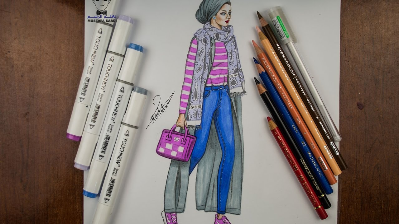 تعليم رسم ازياء المحجبات مع كيفية رسم توربان و كارديجان