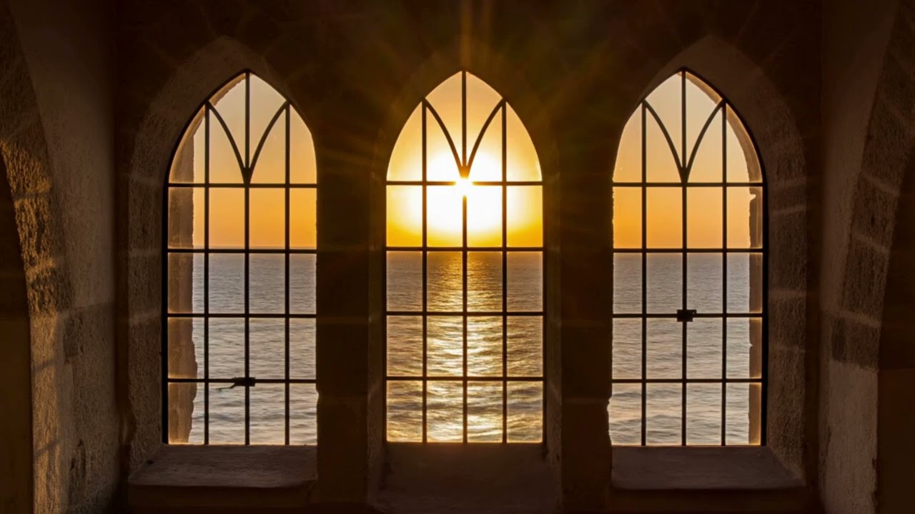 Relaxing Fake Window Scene :Ocean side view from Castle Windows: No Sound : Projector Window