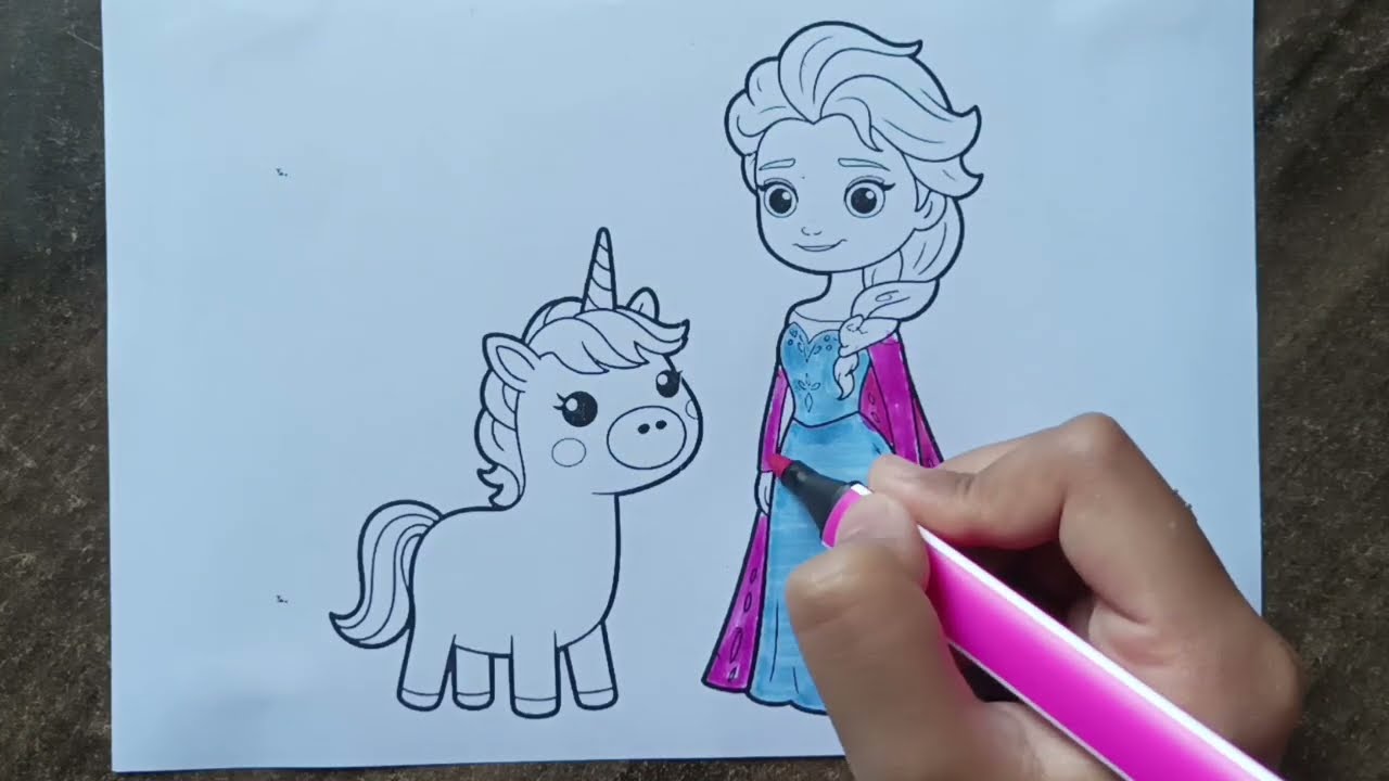 Elsa cartoon and unicorn 🦄 drawing colouring for kids / #drawingforkids 
