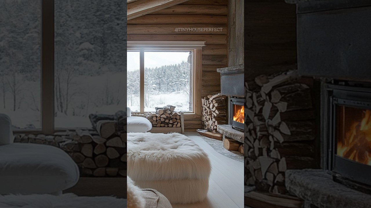 Cozy log cabin living room with warm wood and a fireplace. Perfect retreat!🏡✨