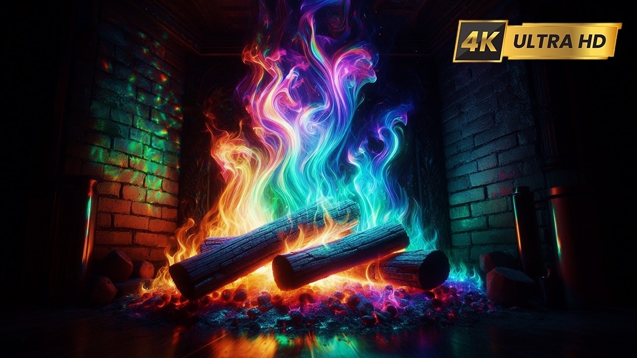 4K RAINBOW Fireplace Flames Ambience (12 HOURS NO MUSIC). Fireplace with Logs Crackling Fire Sounds!