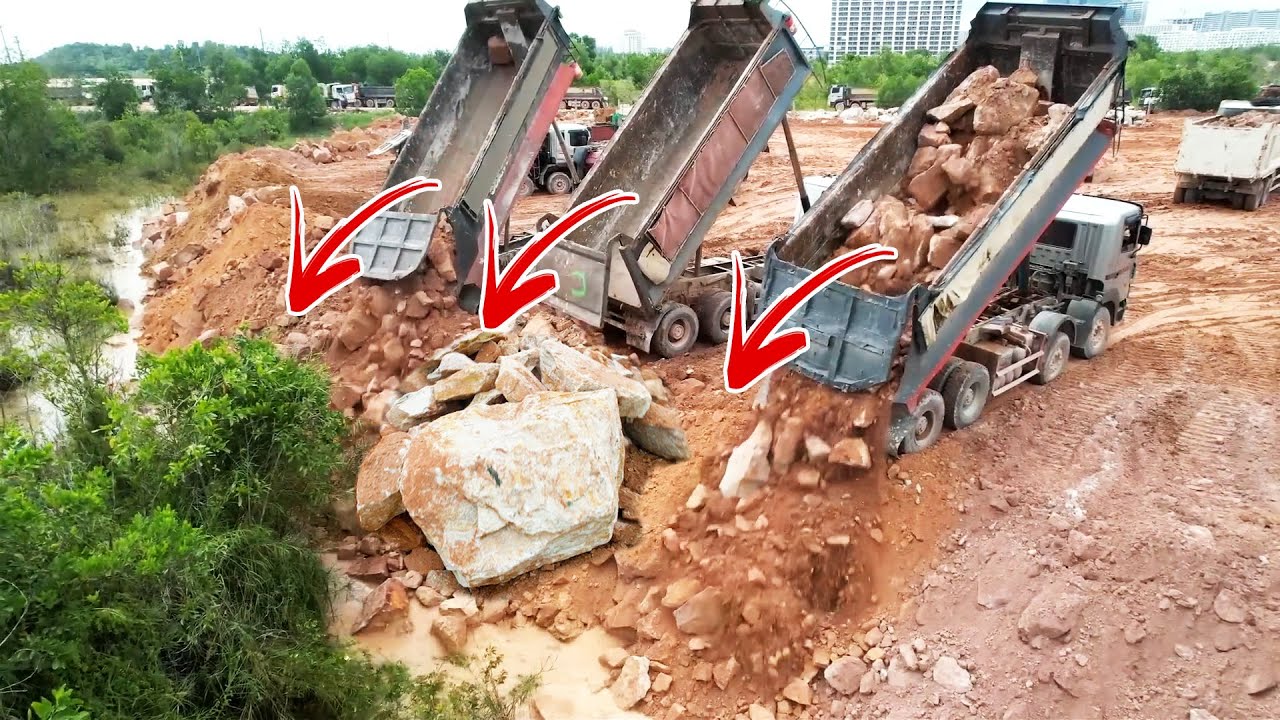 Ultimate Display! Mighty Dump Trucks Unloading Huge Stones in Below Layer Protect Landslide Problems