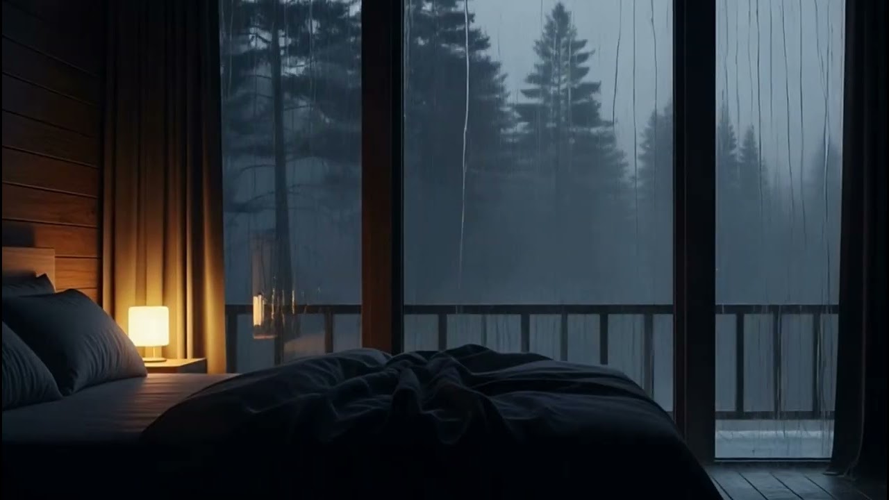 Heavy Rain by the Forest River with a Bright Cozy Cabin 🌧️🌊✨ | Night Ambience for Sleep