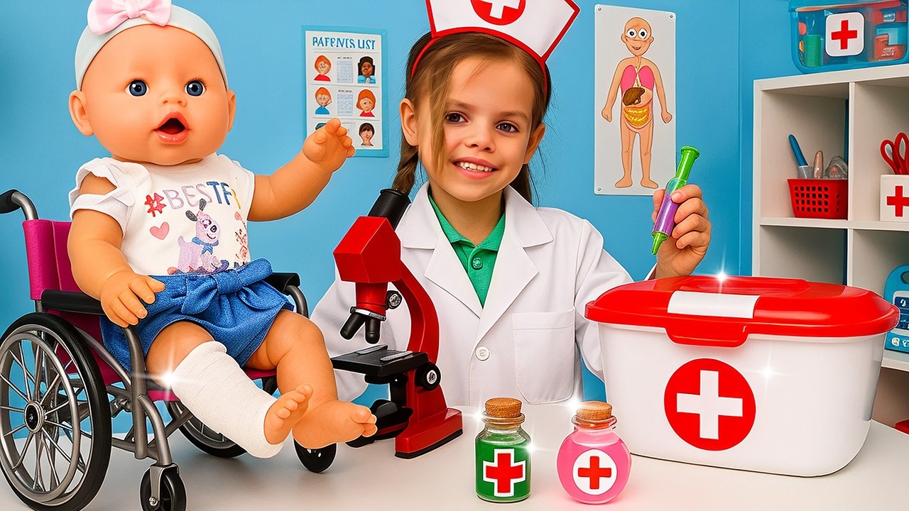 Maya is playing doctor and helping a doll and other toys get better.