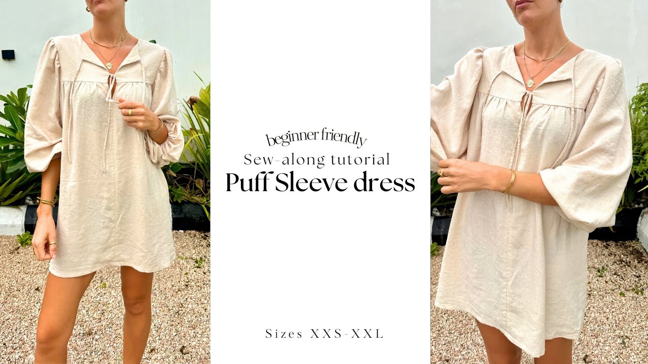 Puff sleeve dress sewing pattern | Tie front | Beginner friendly sew-along tutorial