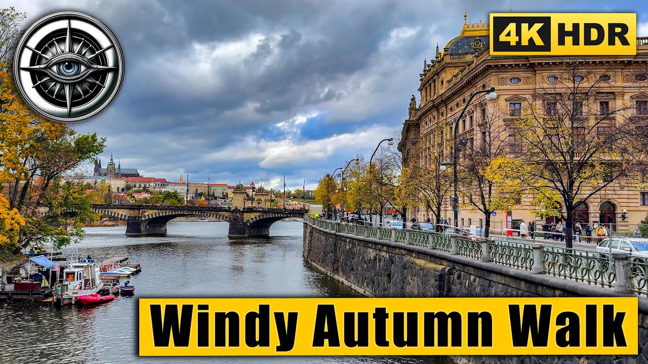 Prague Autumn Windy Walk | Blue Sky and Clouds 🇨🇿 4K HDR ASMR