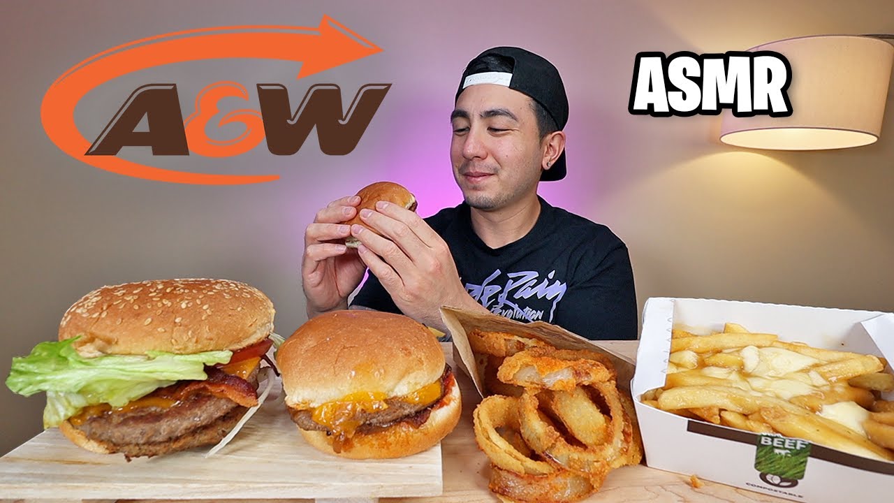 ASMR SUNDAY EATING A&W Buddy Burger + Teen Burger + Poutine + Onion Rings | Real Eating Sounds