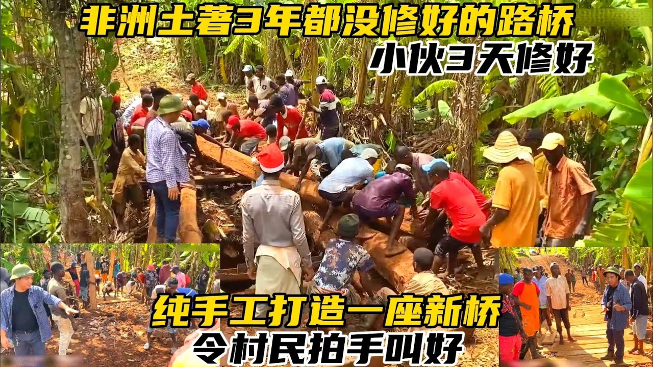 非洲土著人3年都没修好的路桥，小伙三天修好，纯手工打造一座新桥，令村民拍手叫好